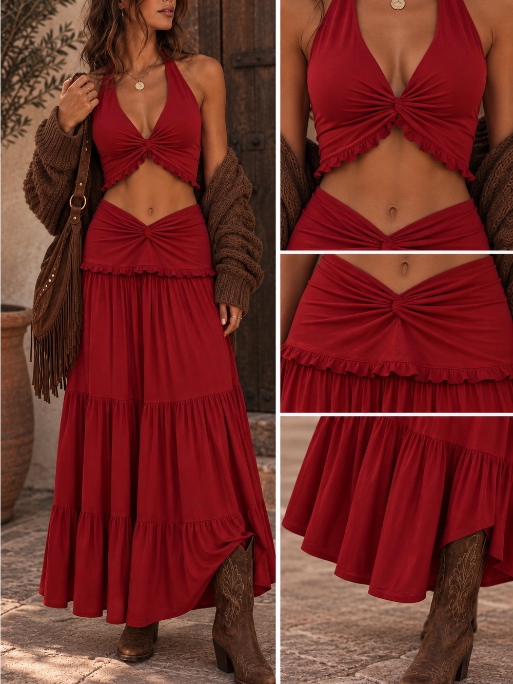 Knot-Detail Halter Skirt Set in Deep Red